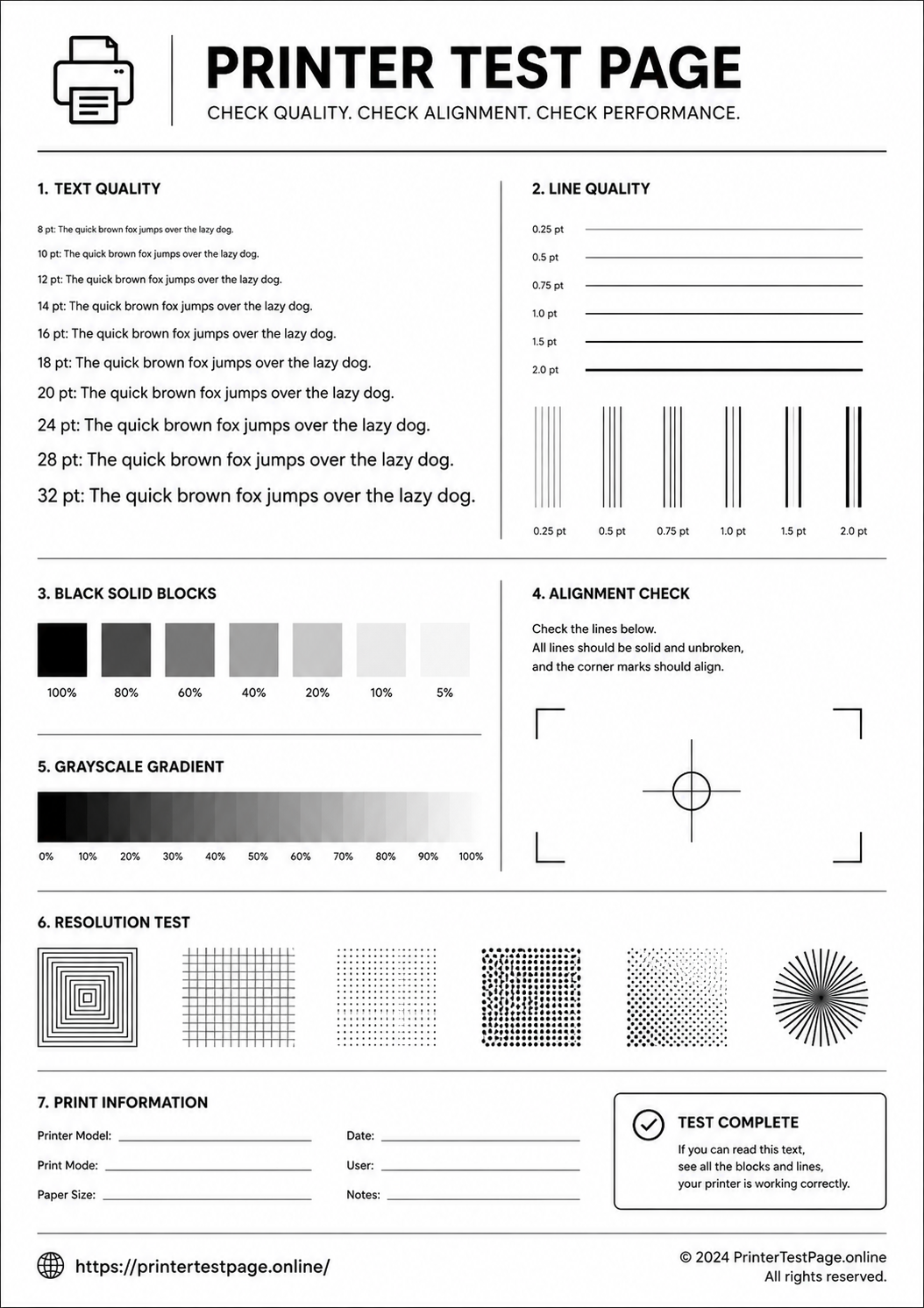 Black and white printer test page preview