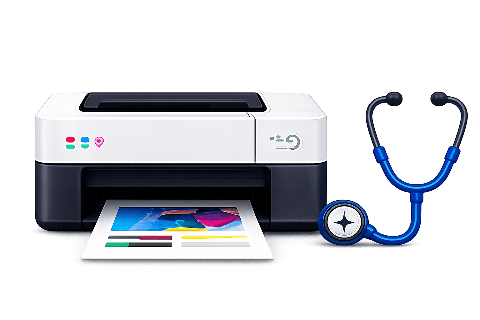 Printer with diagnostic magnifying glass icon