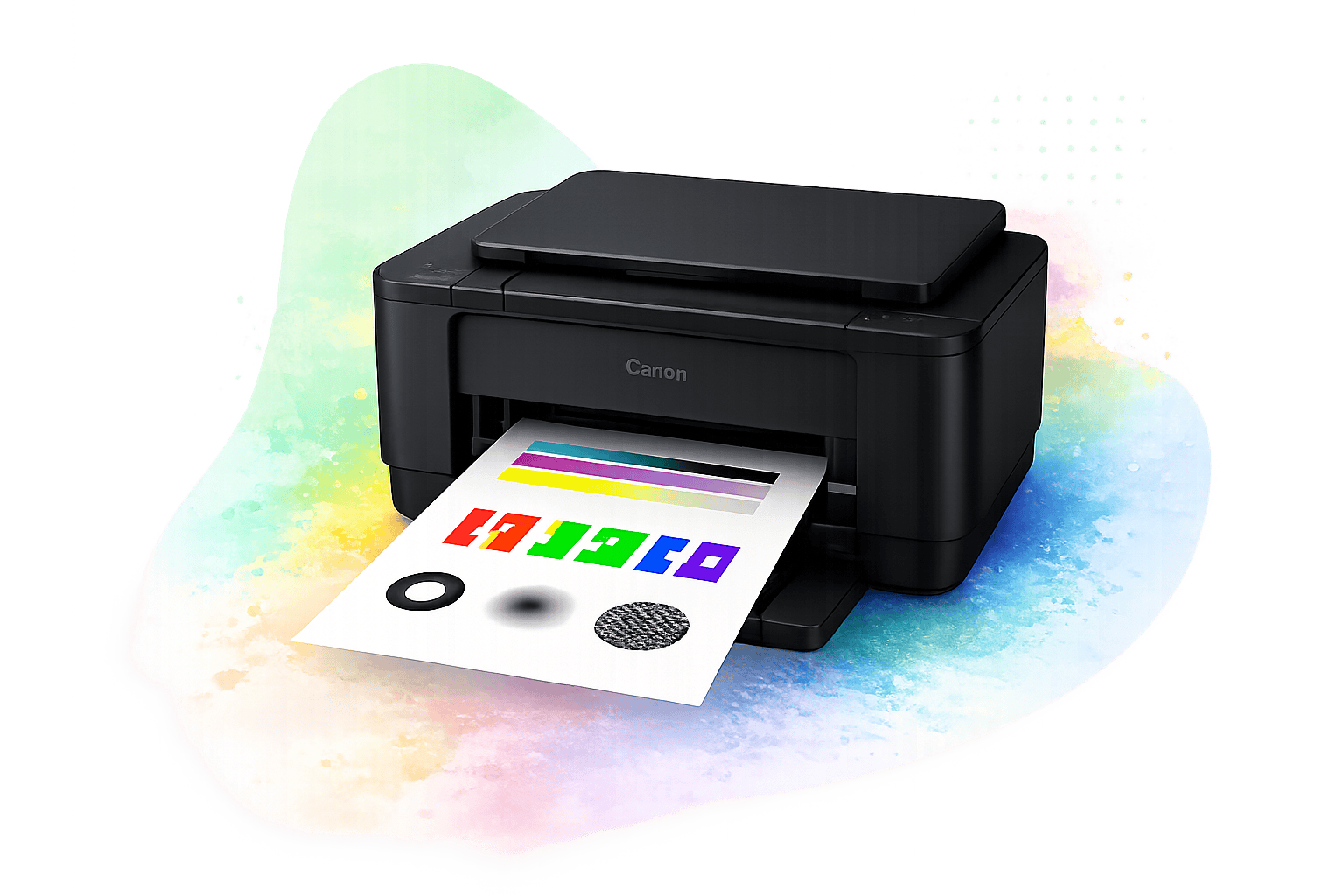 Canon printer printing a color test page with CMYK color bars and grayscale circles
