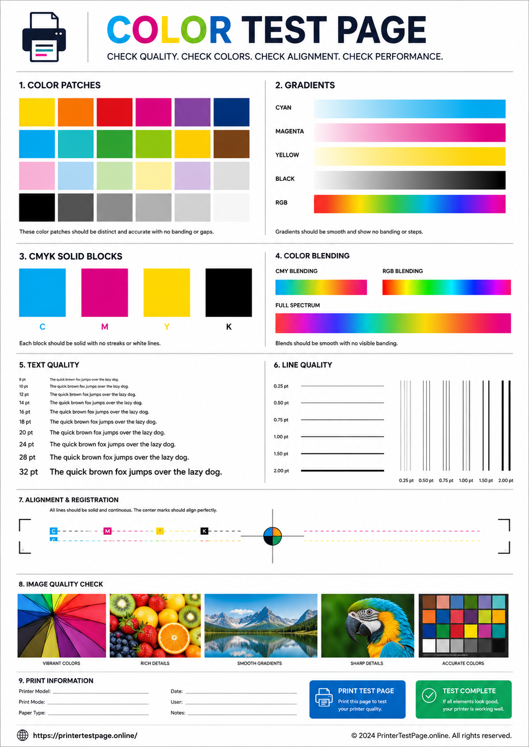 Color printer test page preview