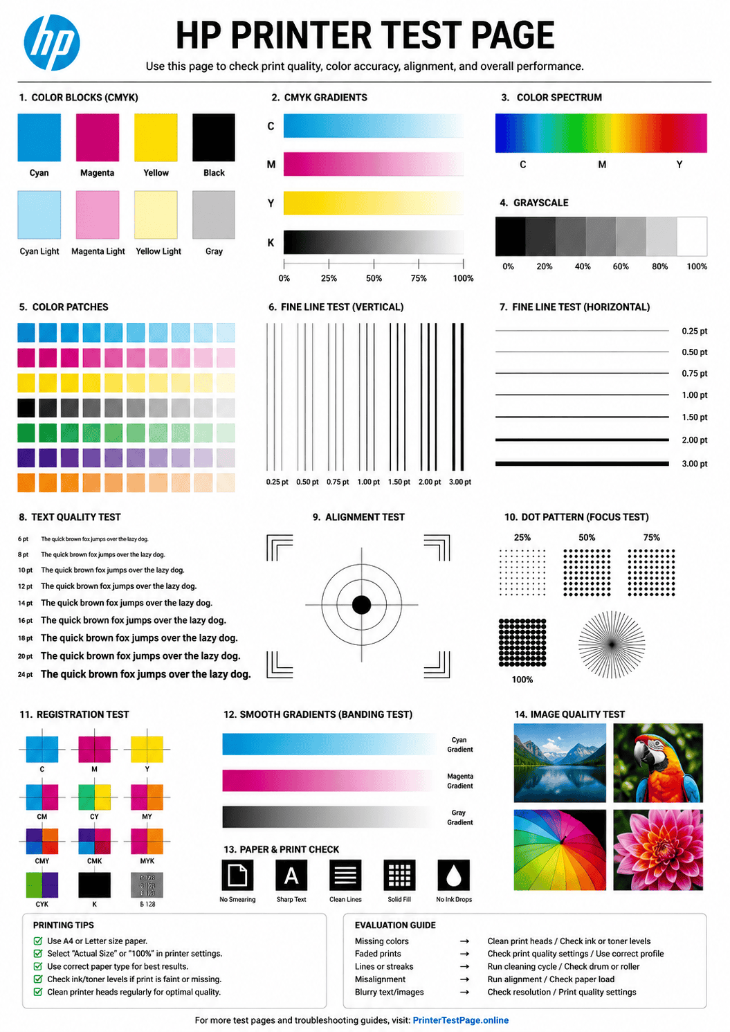 HP printer test page preview
