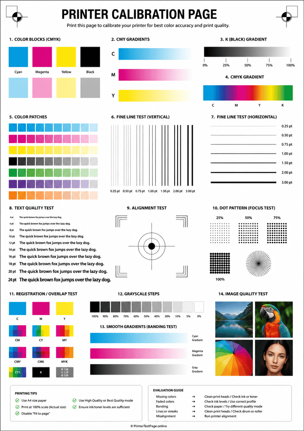 Printer calibration test page preview