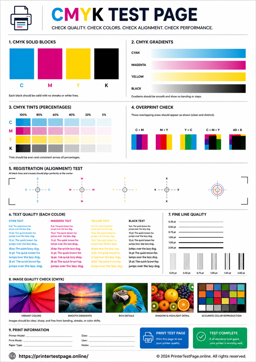 CMYK printer test page preview